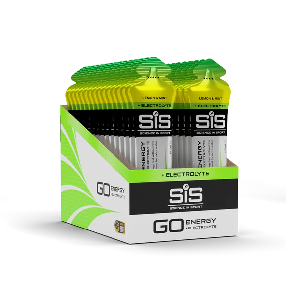Box of SIS (Science in Sport) energy and electrolyte packets on a white background