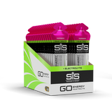Box of SIS (Science in Sport) energy electrolyte powder packets with raspberry flavor.