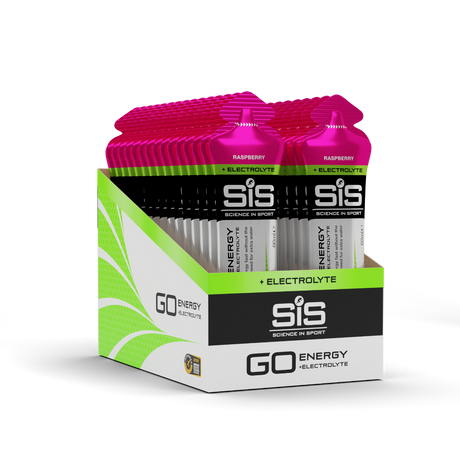 Box of SIS (Science in Sport) energy electrolyte powder packets with raspberry flavor.