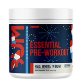 Pre-workout supplement container with red, white, and blue label on a white background