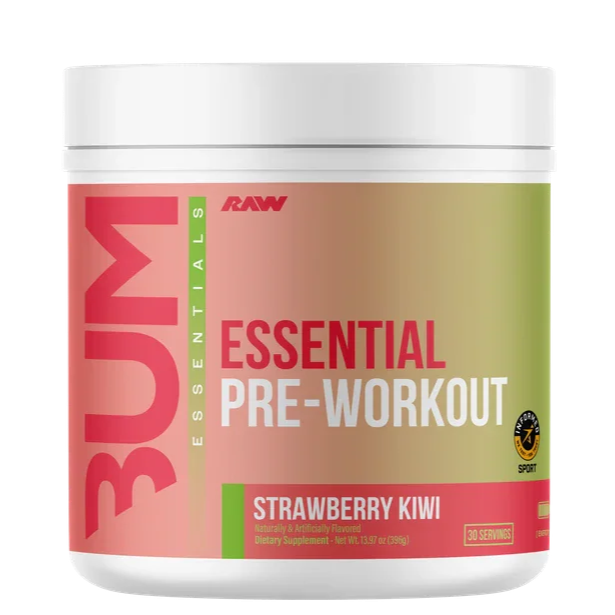 BUM Essential Pre-Workout supplement container with strawberry kiwi flavor on a white background