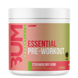 BUM Essential Pre-Workout supplement container with strawberry kiwi flavor on a white background