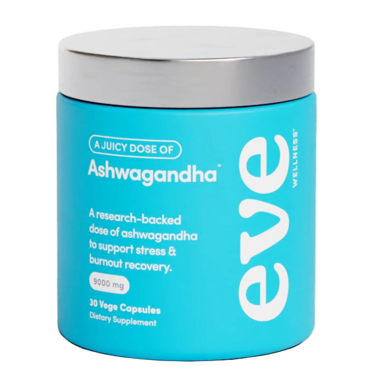 Blue supplement container with silver lid labeled 'eve' on a white background
