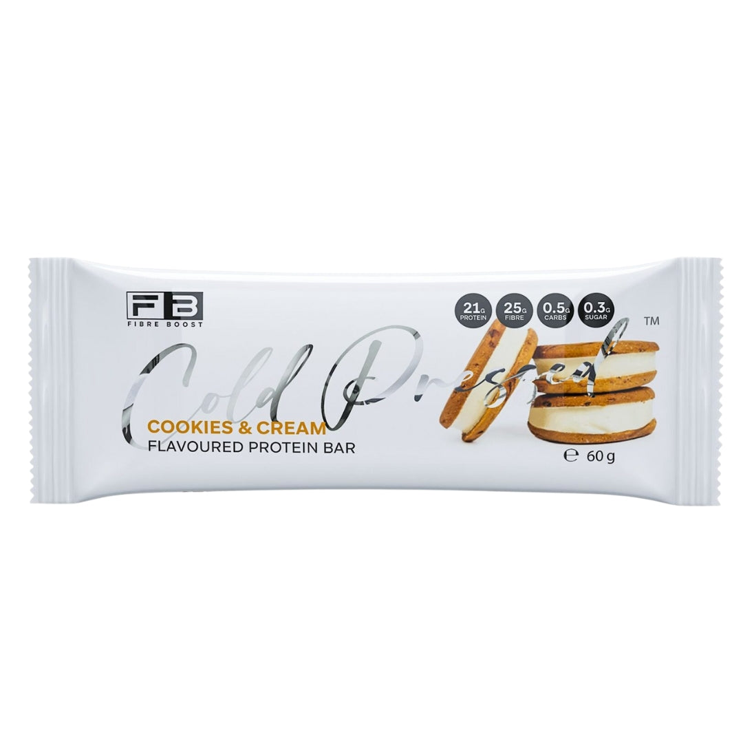 Cookies & Cream flavored protein bar packaging on a white background