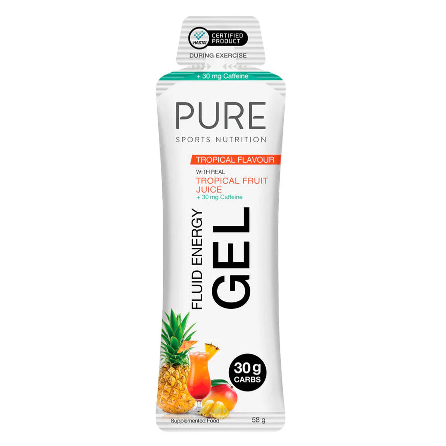 PURE Sports Nutrition Fluid Energy Gel packaging with tropical fruit flavor on a white background