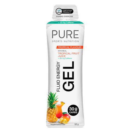 PURE Sports Nutrition Fluid Energy Gel packaging with tropical fruit flavor on a white background