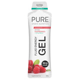 PURE sports nutrition fluid energy gel packaging with raspberries on a white background
