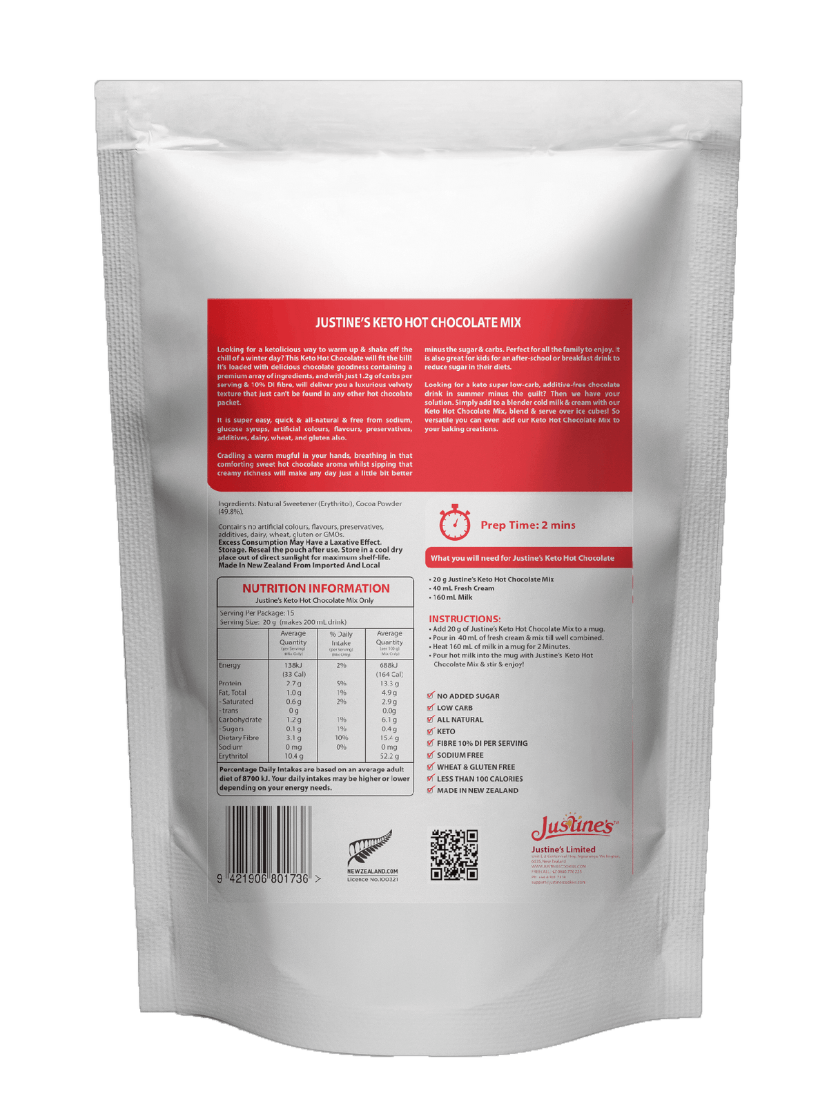 Justine's Keto Hot Chocolate Mix 300g
