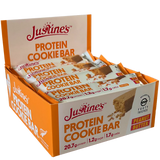 Box of Justine's Protein Cookie Bars with visible branding and product details.