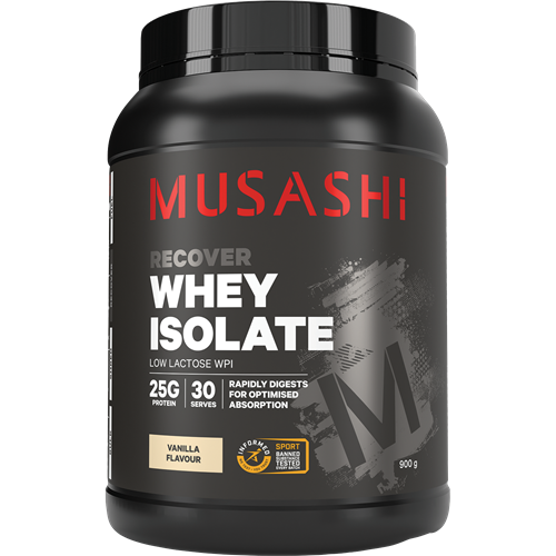 A container of Musashi Recover Whey Isolate protein powder in chocolate flavor, highlighting its low lactose content and 23g of protein per serving.