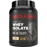 A container of Musashi Recover Whey Isolate protein powder in chocolate flavor, highlighting its low lactose content and 23g of protein per serving.