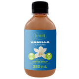 Bottle of vanilla-flavored coffee syrup with a blue label on a white background