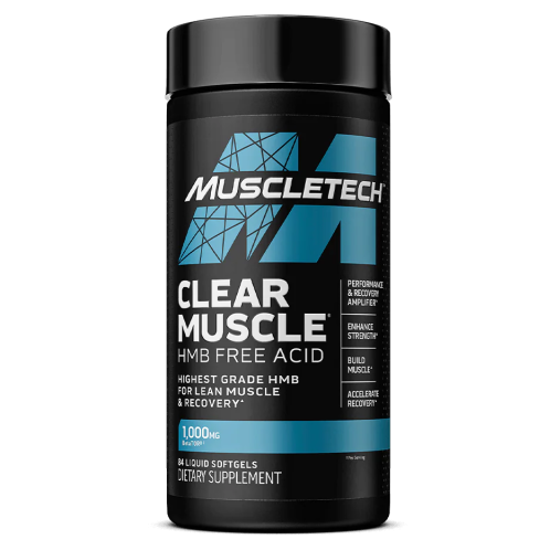 A black plastic bottle of Muscletech Clear Muscle HMB Free Acid dietary supplement, featuring a black label with blue and white text and logo, set against a plain white background.
