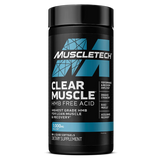 A black plastic bottle of Muscletech Clear Muscle HMB Free Acid dietary supplement, featuring a black label with blue and white text and logo, set against a plain white background.