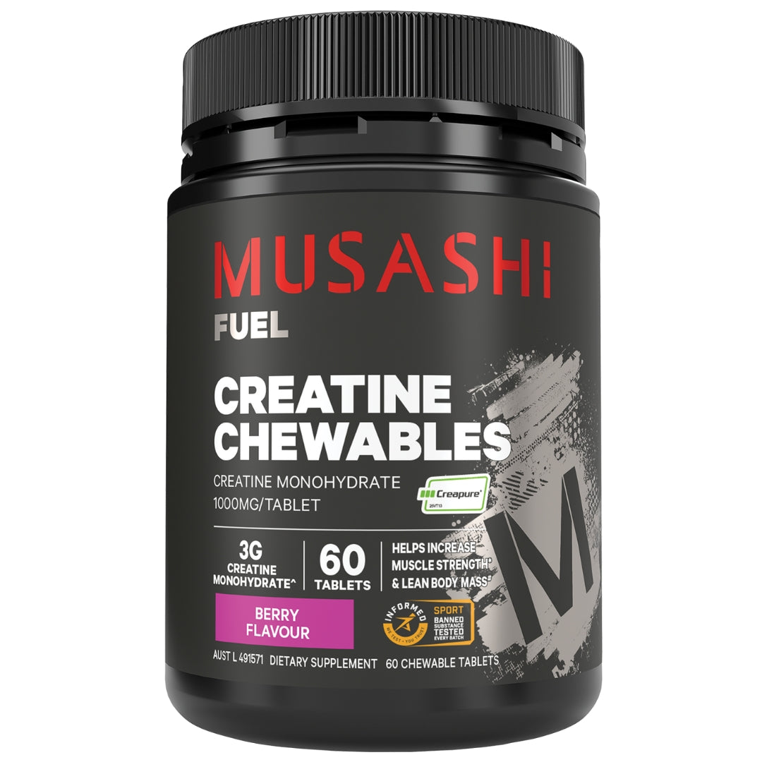 Black container of Musashi Creatine Chewables on a white background