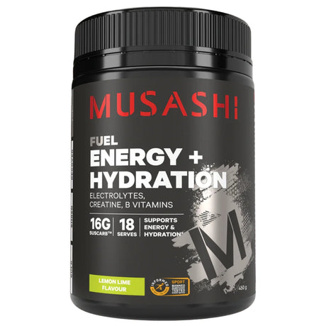 Musashi Fuel Energy + Hydration supplement container on a white background