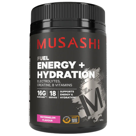 Black container of Musashi Energy + Hydration supplement on a white background