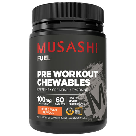 Black container of Musashi Pre Workout Chewables on a white background
