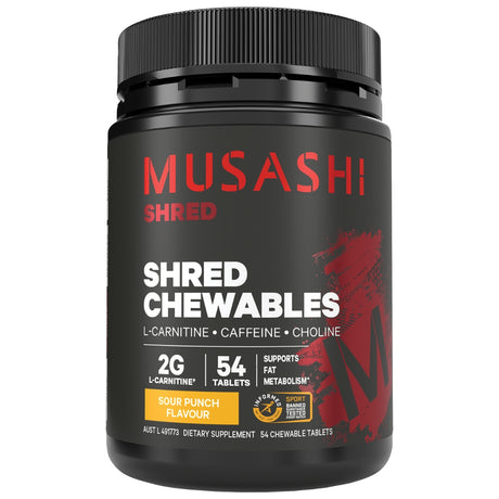 Black supplement container labeled 'Musashi Shred Chewables' on a white background