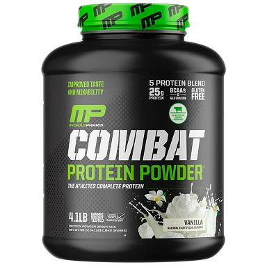 Container of Combat Protein Powder with green cap on a white background