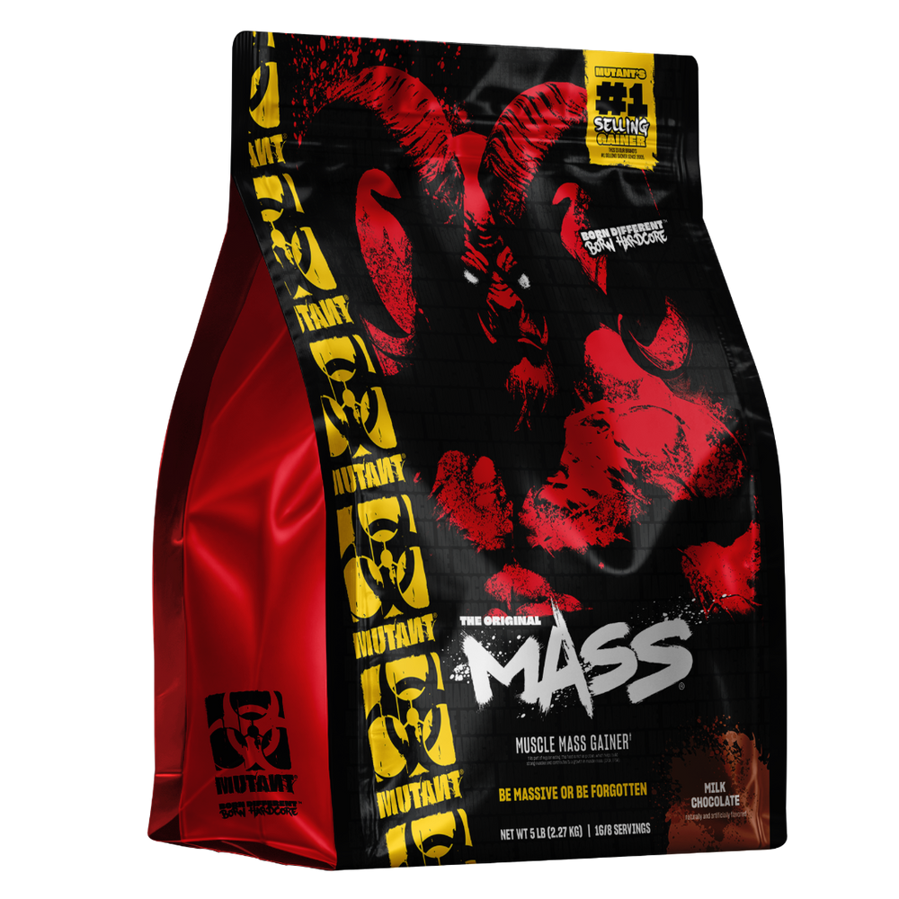 Mutant Mass supplement packaging with red, black, and yellow design