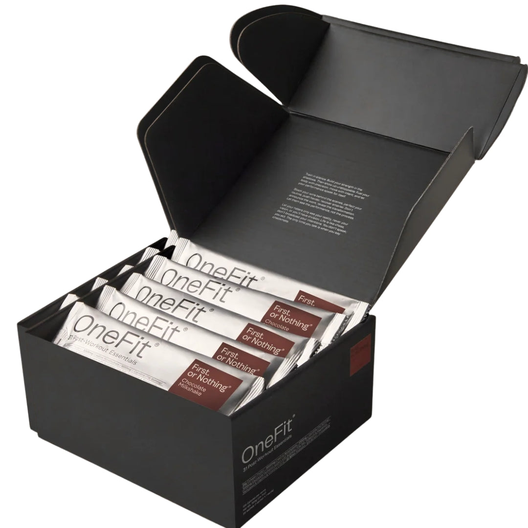 Open black box containing OneFit product packets on a white background