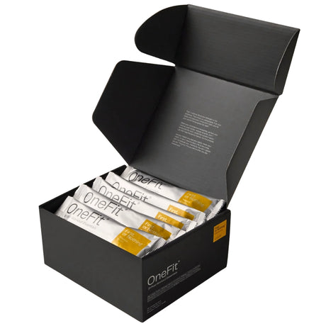 Black box containing OneFit product packaging on a white background