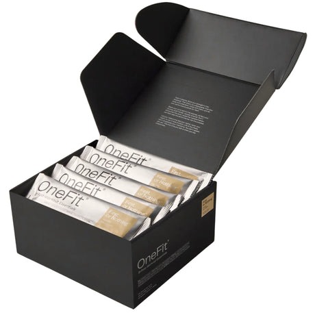 Black box containing OneFit product packages on a white background