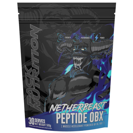 Black and blue packaging of Netherbeast Peptide OBX with a panther design on a white background