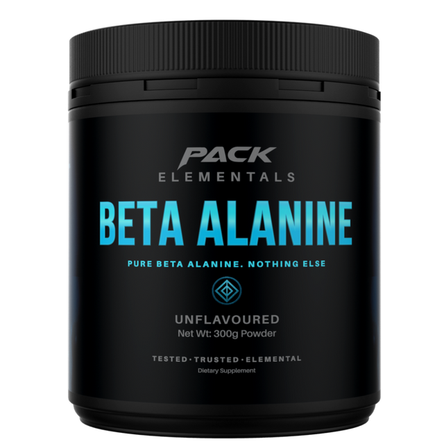 Black container of Pack Elementals Beta Alanine powder on a white background