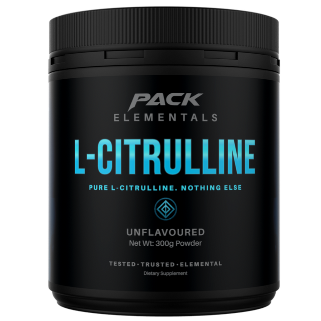 Black supplement container labeled 'Pack Elementals L-Citrulline' on a white background