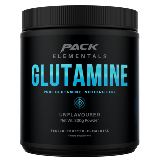 Black container of Pack Elementals Glutamine powder on a white background