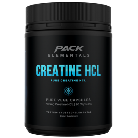 Black container of Pack Elementals Creatine HCL on a white background