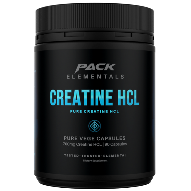 Black container of Pack Elementals Creatine HCL on a white background