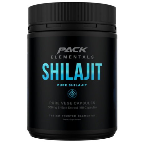 Black container of Pack Elementals Shilajit on a white background