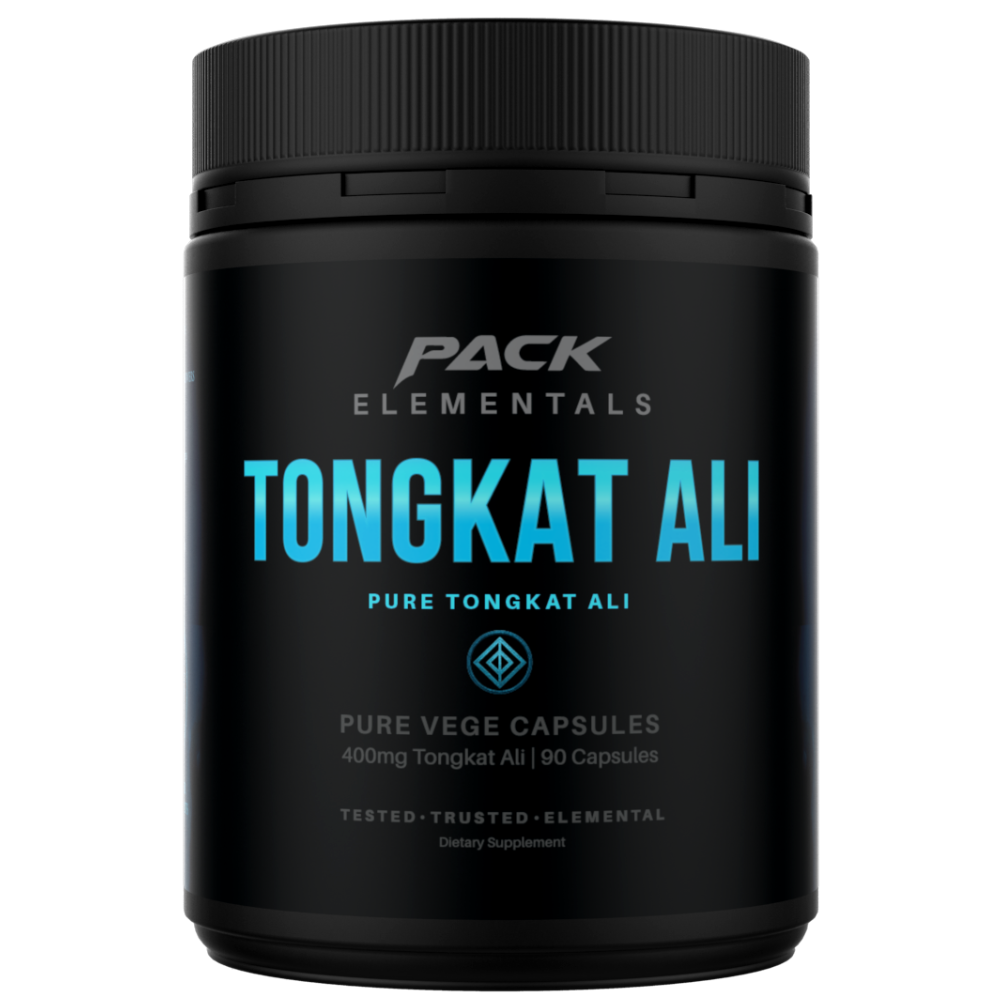 Black container of Pack Elementals Tongkat Ali on a white background