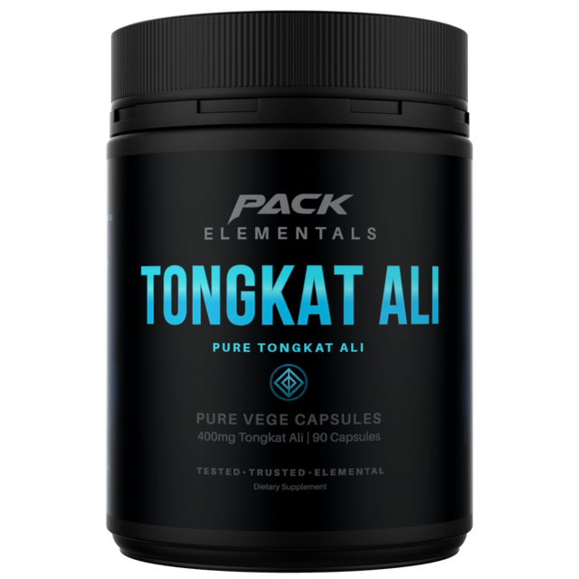 Black container of Pack Elementals Tongkat Ali on a white background