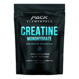 Black packaging of Pack Elementals Creatine Monohydrate on a white background