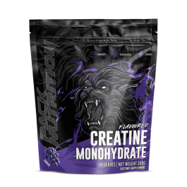 A package of Pack Nutrition Flavoured Creatine Monohydrate with a black and purple design featuring a growling lion's face.