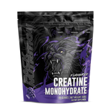 A package of Pack Nutrition Flavoured Creatine Monohydrate with a black and purple design featuring a growling lion's face.