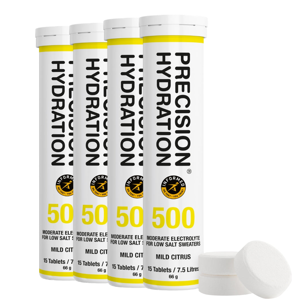 Four Precision Hydration 500 tablets on a white background