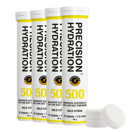 Four Precision Hydration 500 tablets on a white background