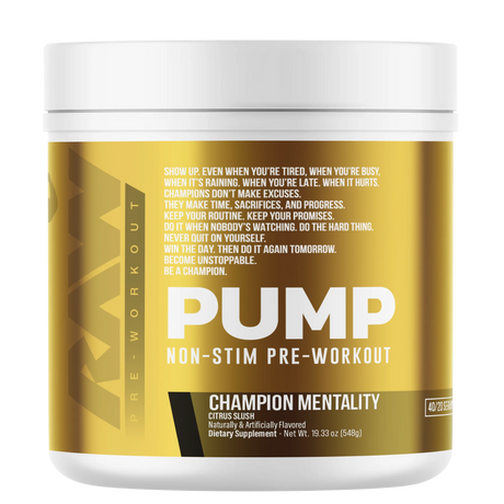 Pre-workout supplement container with gold and white design on a white background