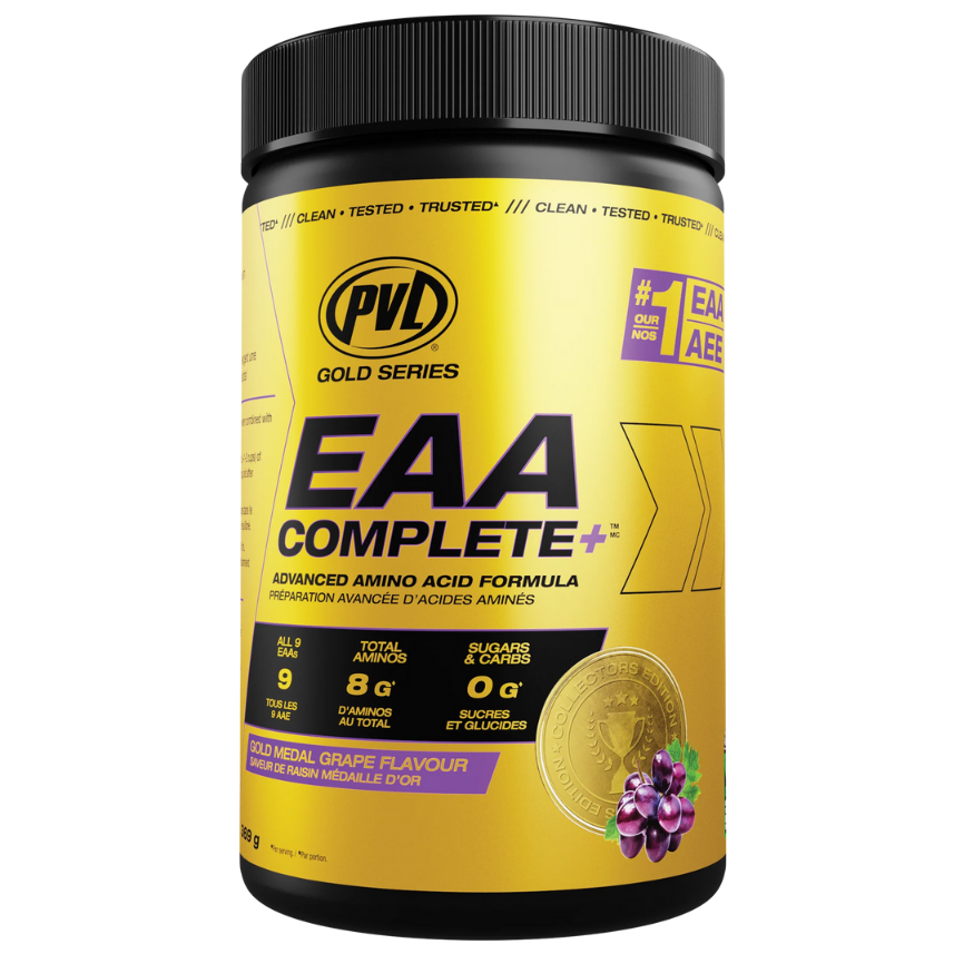 Gold supplement container labeled 'EAA Complete' with black lid on a white background
