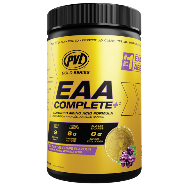 Gold supplement container labeled 'EAA Complete' with black lid on a white background