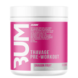 Pre-workout supplement container with pink label on a white background
