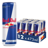 Red Bull energy drink can with a pack of 12 cans on a white background