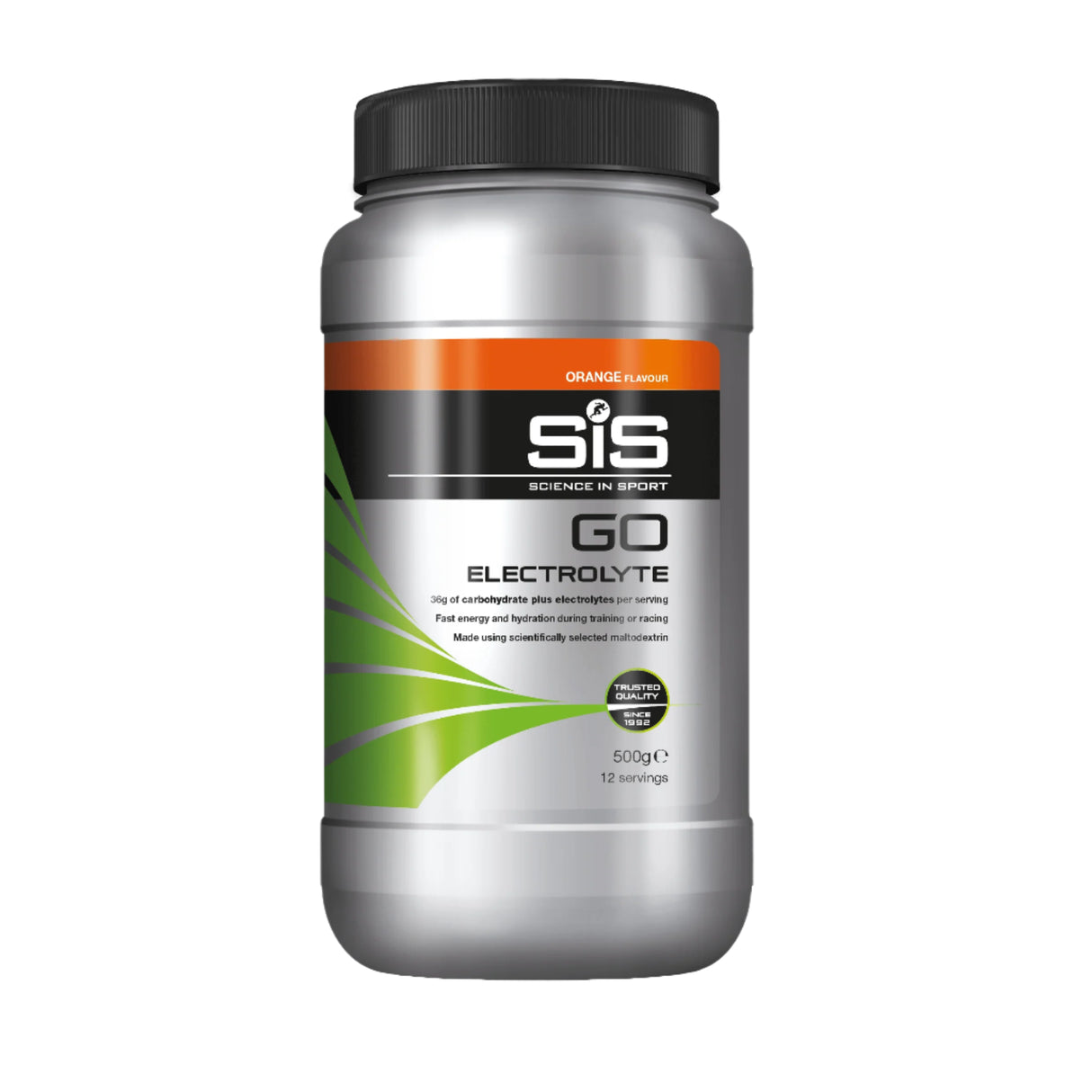 Silver container of SIS (Sports International) GO Electrolyte supplement on a white background