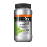 Silver container of SIS (Sports International) GO Electrolyte supplement on a white background