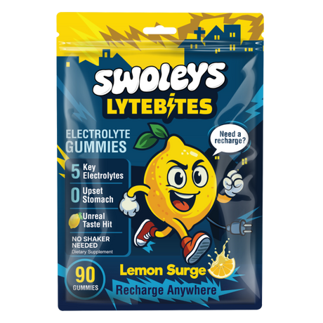 Swoley's LyteBites Lemon Surge gummy supplement packaging on a white background